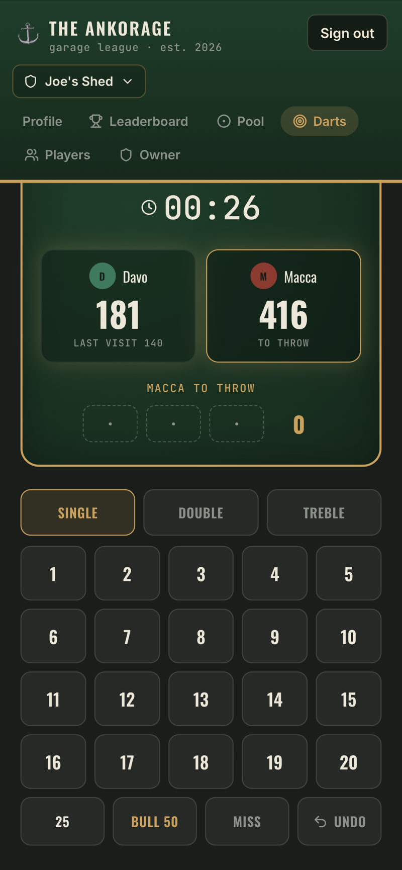 Live 501 darts scoring with per-dart input